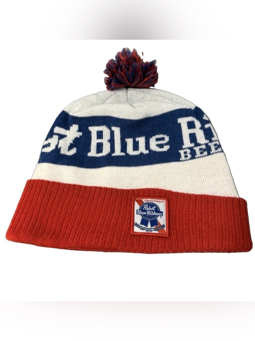 Pabst Blue Ribbon Beer Red White & Blue Stocking Hat Beanie w/Pom-Pom — NEW
